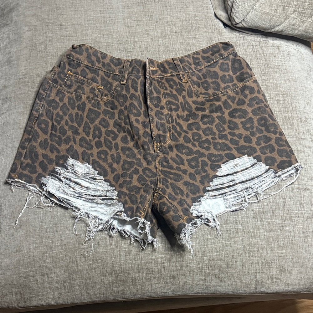 SHEIN Brown Leopard Print Distressed Jean Shorts
